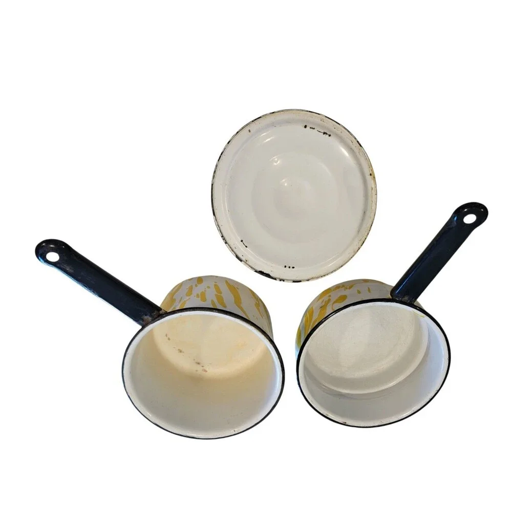 Vintage Enamel Double Boiler Yellow Splatter Lid Saucepan
